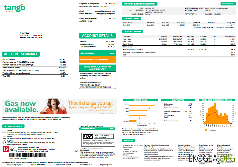 Australia Tango Energy utility bill template in Word and PDF formats, 2 pages